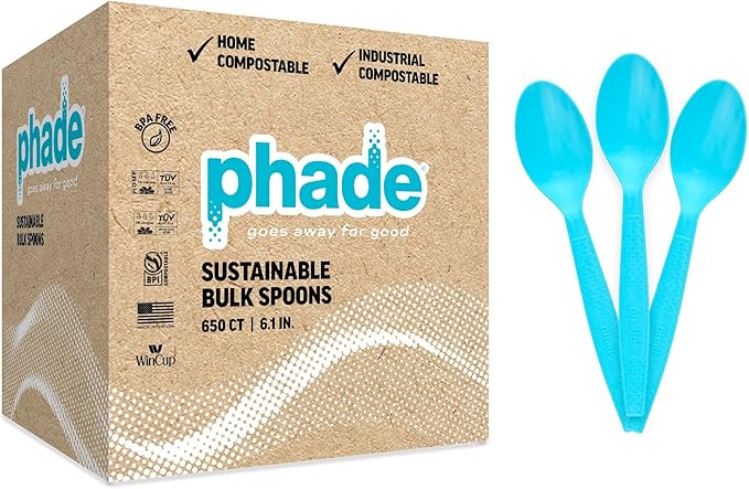 phade 100% Compostable Spoons – BPI Certified Sustainable PHA Flatware, 650 Unwrapped Bulk Count, 6.1 Inch Eco-Friendly Disposable Utensils for Home, Events, Catering – Made in USA