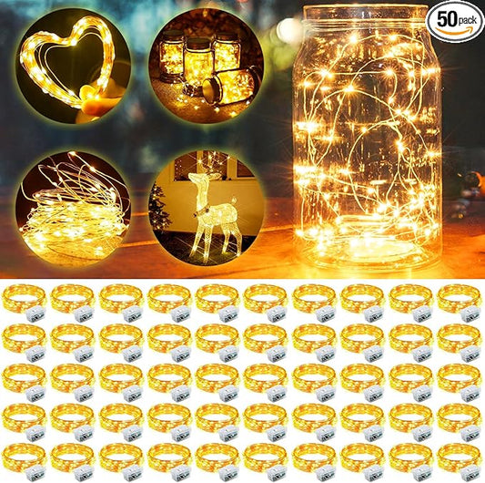 Aogist 50 Pack Fairy Lights 3 Modes 7ft 20 LED Waterproof,Battery Operated Silver Wire Firefly Starry Moon Mini String Lights for Mason Jars Christmas DIY Crafts Wedding Party Bedroom,Warm White
