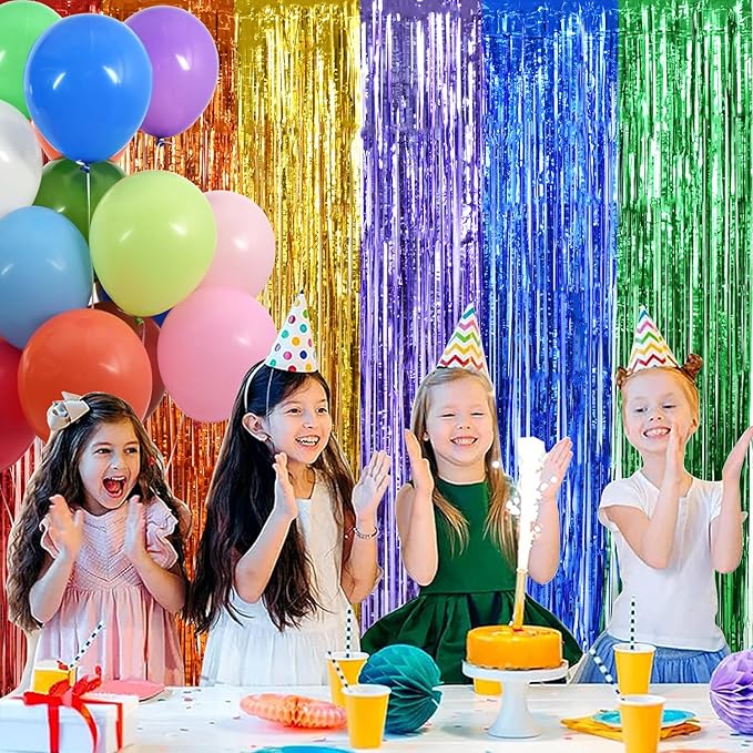 BEISHIDA 4 Pack Rainbow Streamers Fringe Foil Curtain Backdrop, Tinsel Curtain Wall Door Party Streamers for Birthday Party Decoration(3.28 ft x 6.56 ft)