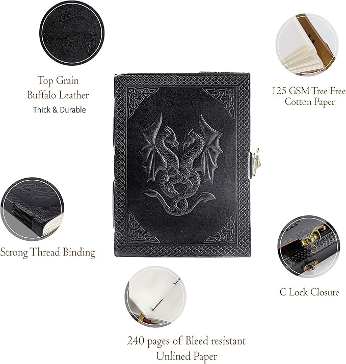 Handmade Leather Double Dragon Journal/Writing Notebook Diary/Bound Daily Notepad for Men & Women Unlined Paper Medium, Writing pad for Artist, Sketch