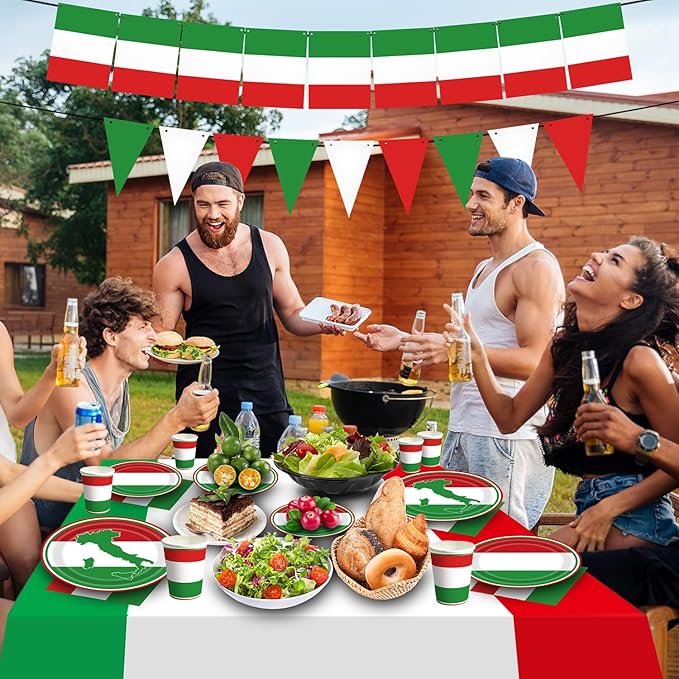 Italian Party Decorations Italy Flag Party Supplies Include Italian Flag Plates and Napkins Cups Banner Tablecloth for Red White and Green Italian Party Decor Italy Party Family Gathering,Serves 25