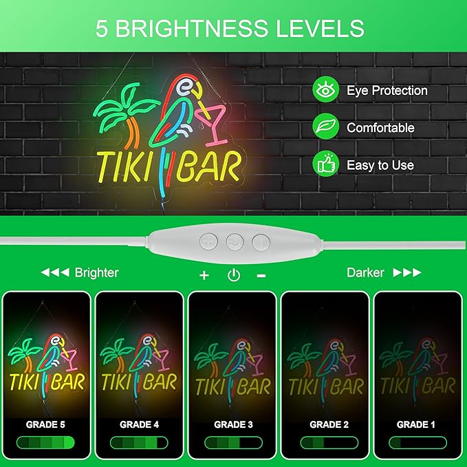 Tiki Bar Neon Sign for Wall Décor Dimmable LED Parrot Palm Tree Cocktails Signs for Beer Bar Art Man Cave Light Decor