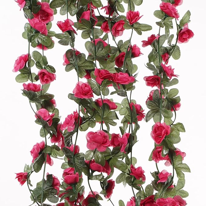 5 Pcs 41FT Flower Garland, Artificial Rose Garland Flowers Plants Fake Flower Hanging Rose Ivy, Birthday Party Valentine's Day Wedding Wall Arch Decor（Fuchsia）
