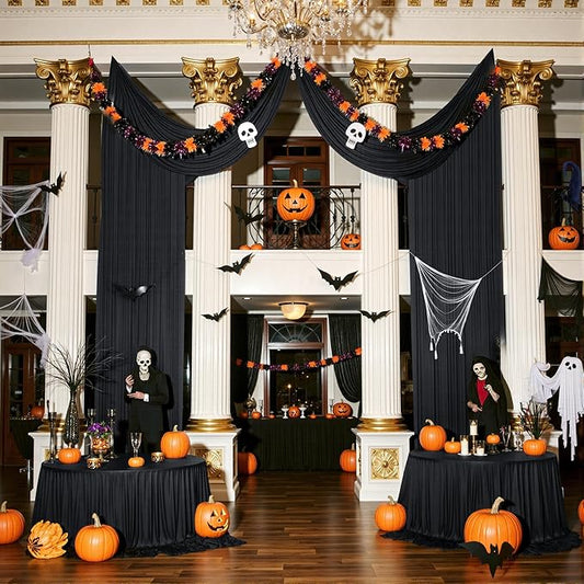PartyVillage 10ft×15ft Black Backdrop Curtain for Halloween Parties, 2 Panels Wrinkle Free 15 FT Long Polyester Photo Backdrop Drapes Back Drop Cloth for Birthday Photography Background