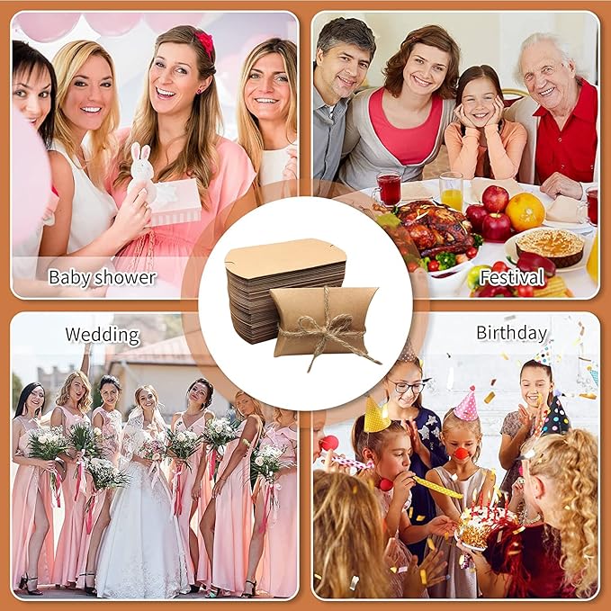 Kraft Paper Pillow Candy Box, Foldable Gift Box with Jute Rope for Weddings, Parties, Birthdays, Holidays, 60 Pcs