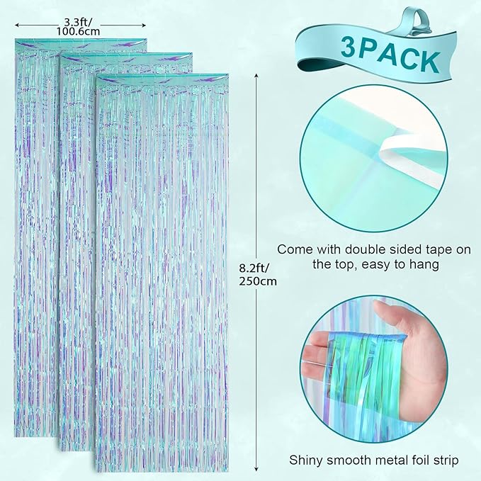 3 Pack 3.3x8.2 Feet Neon Iridescent Foil Fringe Backdrop Curtains, Tinsel Streamers Birthday Party Decorations, Fringe Backdrop for Graduation, Baby Shower, Gender Reveal, Disco Party