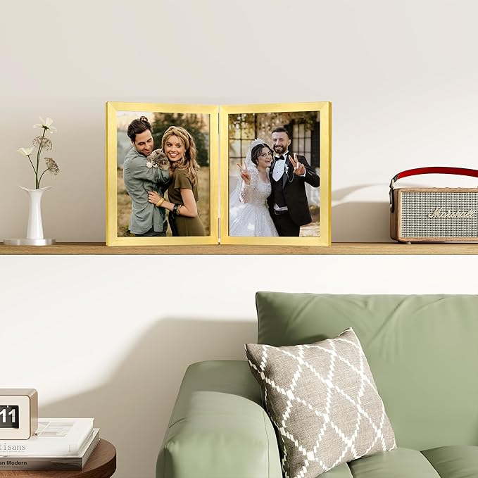 decorUhome Double 8x10 Picture Frame Vertical, Engineered Wood Bifold Photo Frame with Plexiglass for Tabletop Display, 8x10, Gold