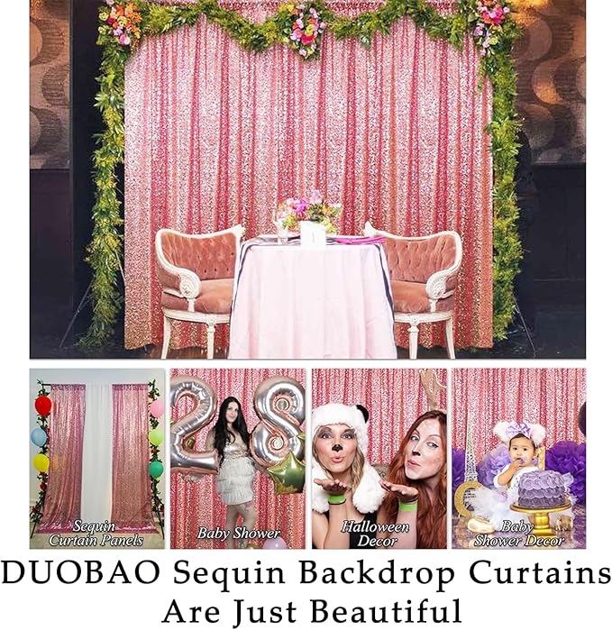 DUOBAO Sequin-Backdrop-Curtain 7FTx7FT Pink Gold Glitter Sequin Curtain Wedding Background Christmas Backdrop for Curtains Bridal Baby Shower Background(7FTx7FT, Pink Gold)