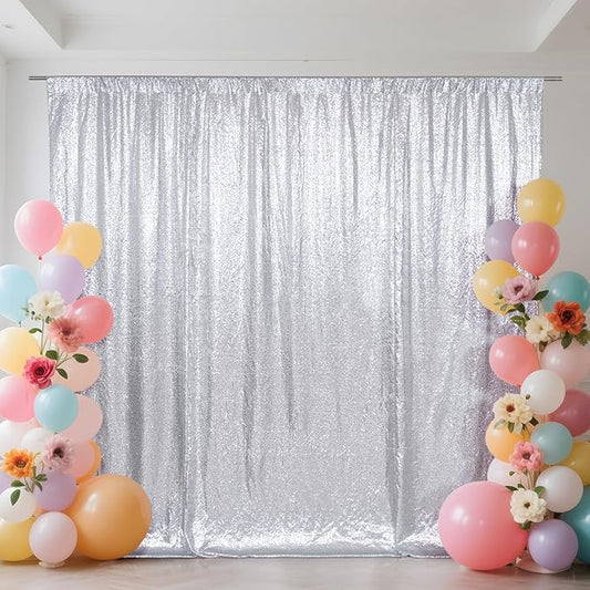 SquarePie Sequin Backdrop Curtain Not See Through Thick Background for Party 5FT x 7FT Silver