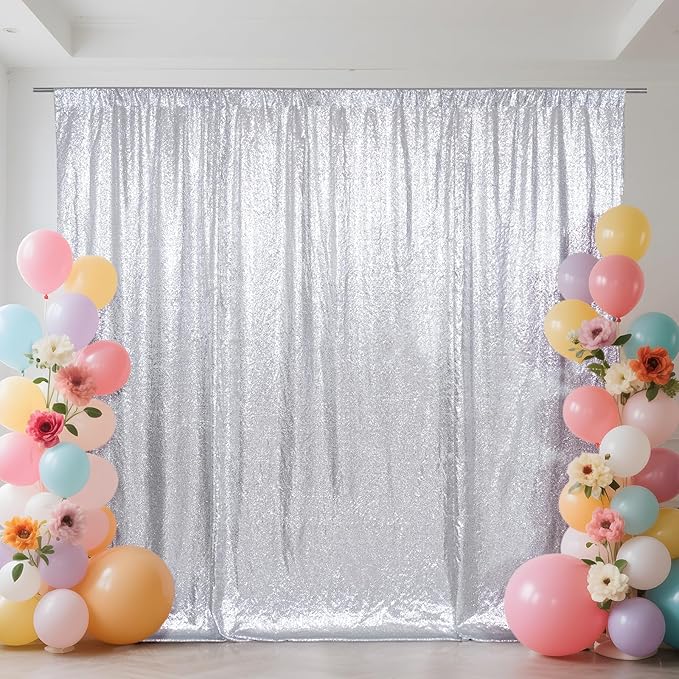 SquarePie Sequin Backdrop Not See Through Thick Background Glitter Curtain Party 20FT x 10FT Silver