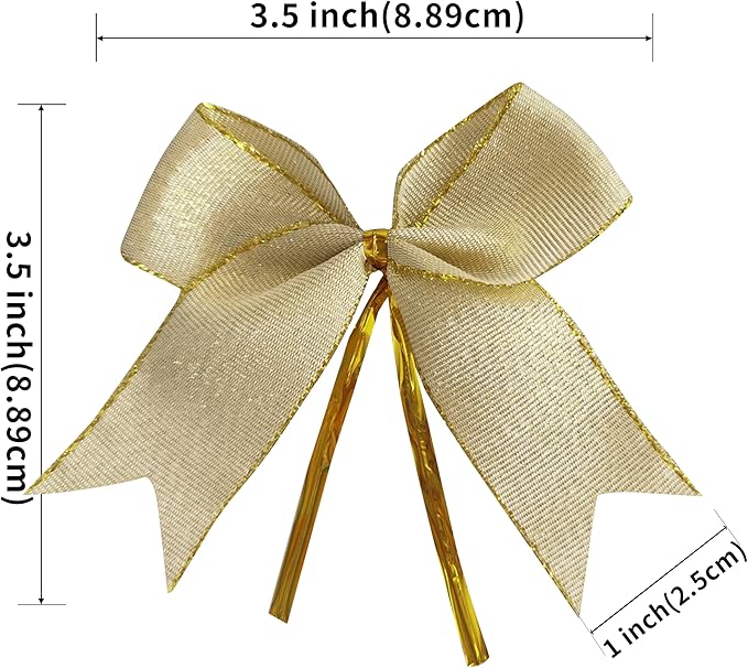 50pcs 3-1/2" White Gold Bows with Twist Ties for Gift Wrapping Packing Christmas Decoration (W.Gold)