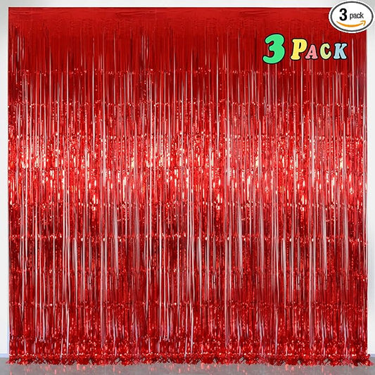 Foil Fringe Curtains Party Decorations - Melsan 3 Pack 3.2 x 8.2 ft Tinsel Curtain Party Photo Backdrop for Birthday Party Baby Shower or Graduation Decorations (Pure red)