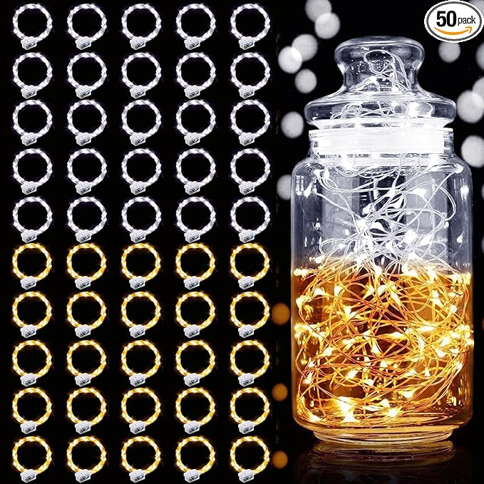 Aogist 50 Pack Fairy Lights 3 Modes 7ft 20 LED Waterproof,Silver Wire Firefly Starry Moon Mini String Lights for Mason Jars Christmas DIY Crafts Wedding Party Bedroom,Cool White&Warm White