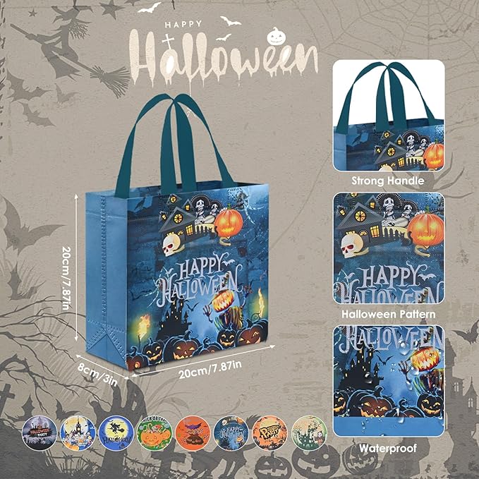 AhfuLife 8 Pcs Halloween Trick or Treat Bags, Candy Tote Bags with Handles, Reusable Non-Woven Gift Bag for Halloween Party Supplies Favors (7.8×7.8×3.1’’)