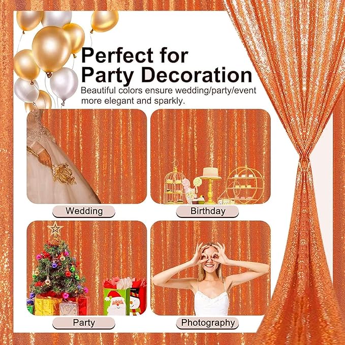 Orange Sequin Backdrop 2FTx8FT 2 Panel Glitter Fall Sequin Backdrop Sparkle Photo Background for Birthday Halloween Easter Thanksgiving