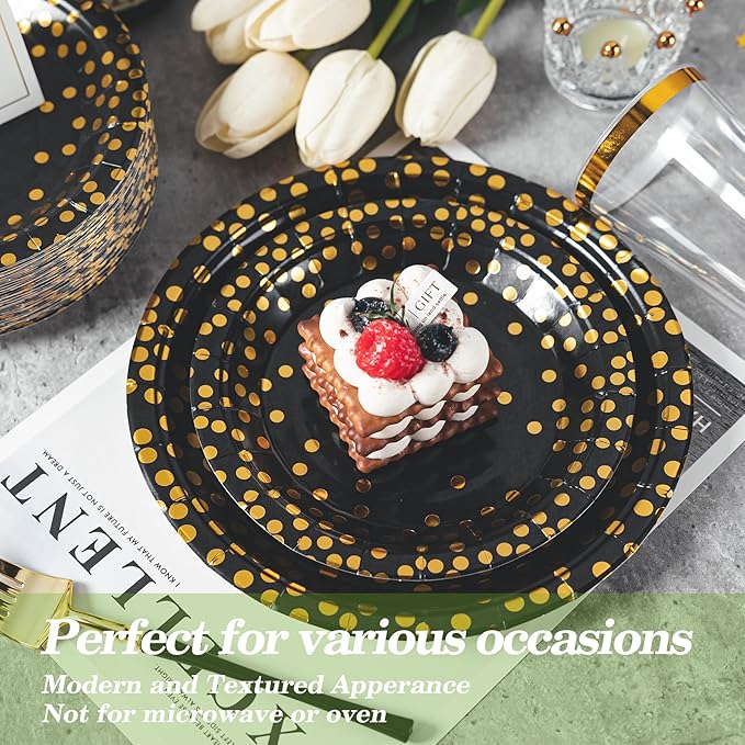 Lullaby 120PCS Black Paper Plates, Black and Gold Paper Plate, 60pcs Dinner Plates 9"，60pcs Dessert Plates 7", Disposable Graduation Plates with Golden Dot for Birthday party, Halloween