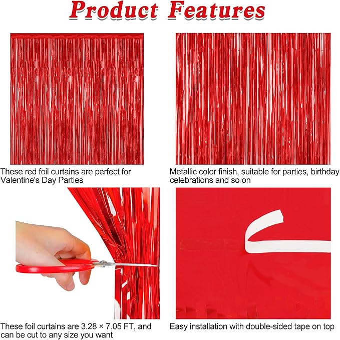 8 Pack Red Backdrop, 3.28 FT x 7.05 FT Streamer Party Decorations, Metallic Foil Fringe Curtains Party Streamer Photo Booth Backdrop, Red Tinsel Canival Theme Party Decor for Engagement Birthday