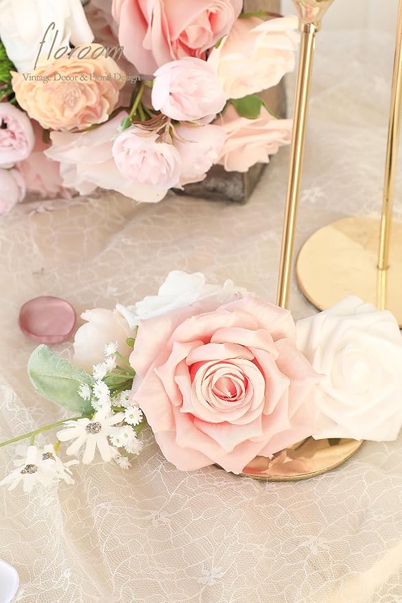 Floroom Blush Peach Pink Artificial Flowers Cream Fake Roses Peonies and Greenery Combo Box Set for DIY Wedding Bouquets Bridal Shower Centerpieces Floral Arrangements Party Tables Home Decorations