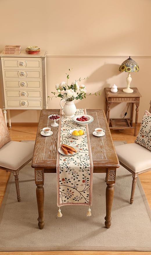 ISAENNE Designer Elegant Linen Floral Table Runner 87 Inches Long,Farmhouse Light Beige Durable Decor Table Runners for Dining Tables,Thanksgiving,Kitchen Tables,Christmas,12"*87"-Flora A