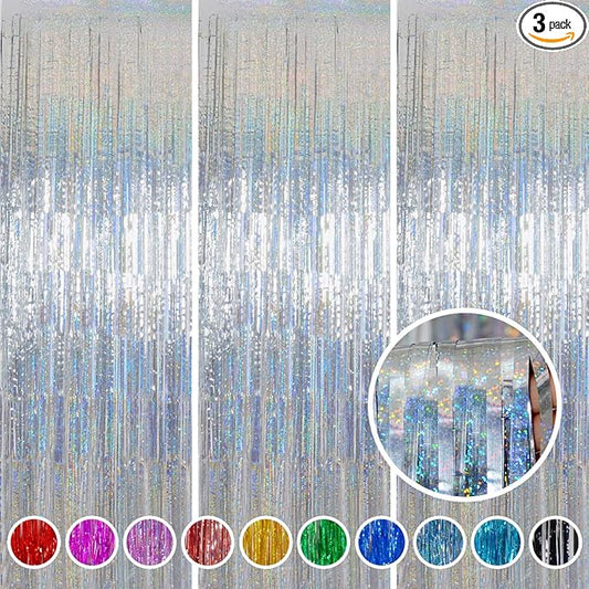 Foil Fringe Curtains Independence Day Decorations - Melsan 3 Pack 3.2 x 8.2 ft Silver Tinsel Curtain Photo Backdrop for Birthday Party or Disco Party Decorations