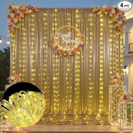 20x10 Champagne Sequin Backdrop Curtain with Lights-Wrinkle Free Thick Glitter Backdrop Drapes for Wedding Parties Events Halloween Decor-4 Panels 5×10ft Shimmer Photo Booth Background for Photography