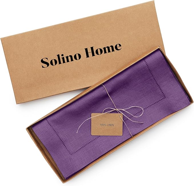 Solino Home Linen Purple Table Runner 72 Inches Long - 100% Pure Linen Hemstitch Table Runner 14 x 72 Inch for Dresser, Dining, Fall, Autumn, Halloween, Thanksgiving, Holiday - Classic Hemstitch