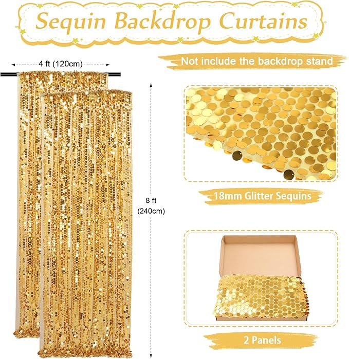 Gold Big Payette Sequin Backdrop 2 Panels 4ftx8ft Sparkly Glitter Backdrop Curtains Birthday Party Background Decoration