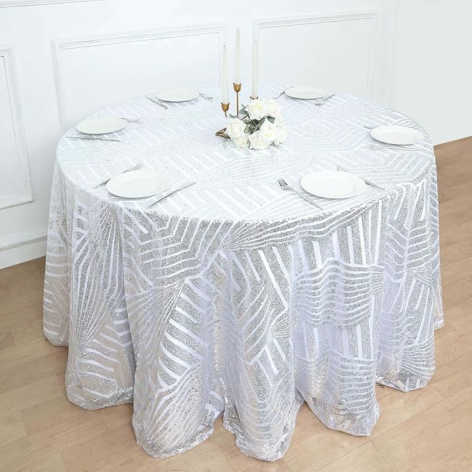 Efavormart 120" Silver Sparkly Sequin Geometric Tulle Round Tablecloth