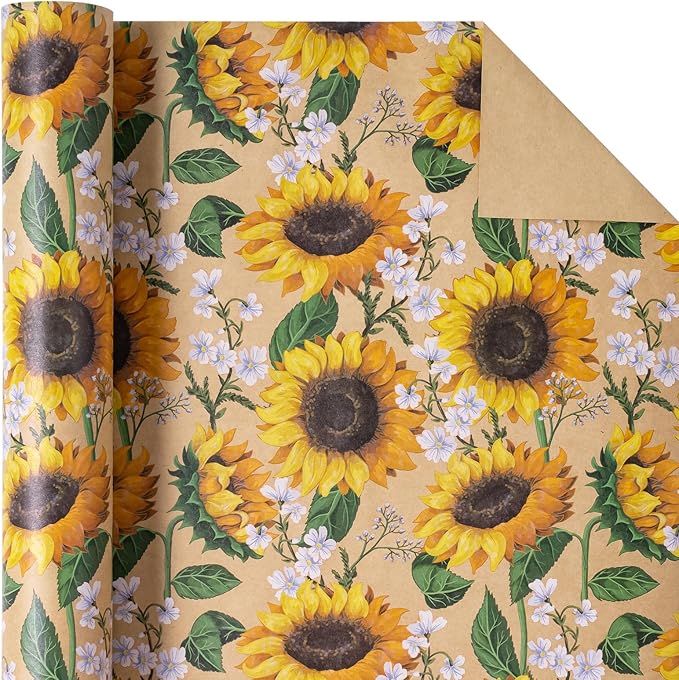 WRAPAHOLIC Kraft Floral Wrapping Paper Roll - Mini Roll - 17 Inch x 33 Feet - Sunflower Design, Perfect for Birthday, Baby Shower, Party, Holiday