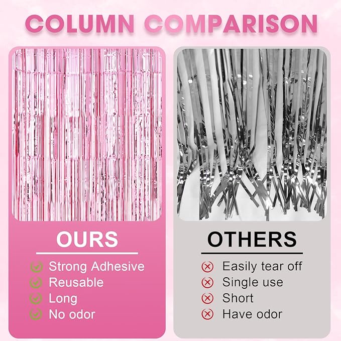3 Pack 3.3 x 8.2 ft Light Pink Foil Fringe Backdrop Curtains, Tinsel Streamers Birthday Party Decorations, Fringe Backdrop for Graduation, Baby Shower, Gender Reveal, Disco Party