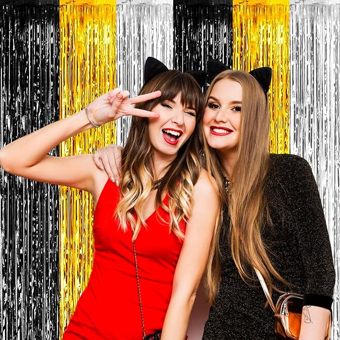 4 Pack Black Gold Silver Foil Fringe Curtain Backdrop, 3.28Ft x 8.2Ft Metallic Tinsel Foil Fringe Streamers for Photo Booth, Wedding, Notorious One Birthday Roaring 20s Graduation Party Decoration
