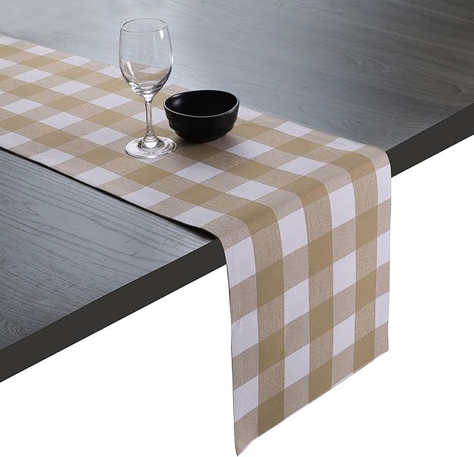 Native Fab Buffalo Check Table Runner 100% Cotton - 13x72 Inches Plaid Dining Table Decoration for Indoor Outdoor Farmhouse Home Party Decor - Beige and White