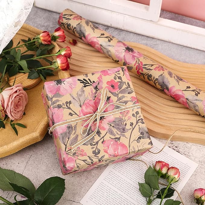 RUSPEPA Pink Flower Gift Wrapping Paper, 17 x 32.8 Feet, Mini Roll, Floral Gift Wrap Kraft Paper Roll for Women, Girls, Spring and Summer, Wedding and Bridal Shower