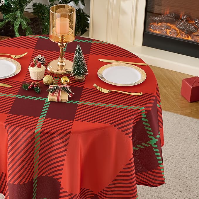 Christmas Tablecloth Round 60 Inch Waterproof, Machine Washable Checkered Polyester Table Cover for Xmas Party, Winter Holiday Home Decoration in Festive Checkered Red 1pack