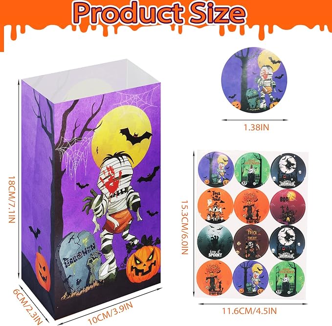 Halloween Treat Bags - 32Pcs Halloweens Trick or Treat Goody & Goodie Bag for Candy with Stickers, Halloween Party Favors Paper Trick or Treating Gifts Bags Halloween Candy Bags Party Supplies