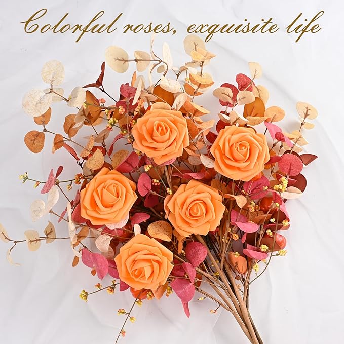 BLEUM CADE 36Pcs Artificial Flowers Fake Roses with Stems, Orange Boxed Foam Roses for DIY Bouquets Centerpieces Wedding Party Arrangement Bridal Shower Decor