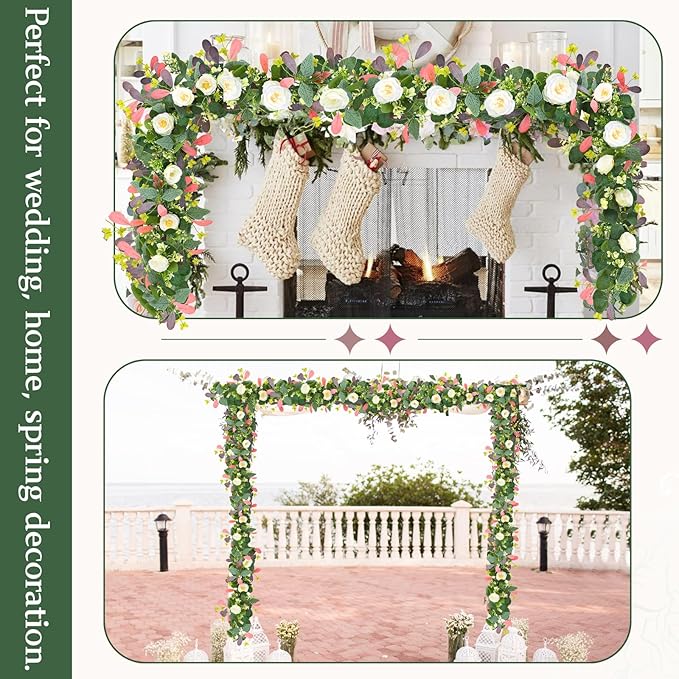 ASTRYAS 2Pcs 6.23Ft Artificial Eucalyptus Garlands with Flowers, Faux Floral Greenery Garlands Fake Flowers Vines for Wedding Table Centerpieces Arch Party Ceremony Backdrop Decor (Pink Leaves)