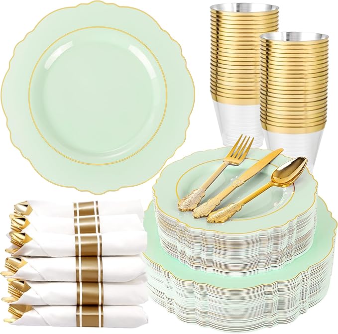 Liacere 350PCS Light Green Plates - Disposable Green and Gold Plastic Plates 50guest Baroque Dinnerware include 100Plates,50Pack Pre Rolled Napkins with Silverware 50Cups for Mother's Day