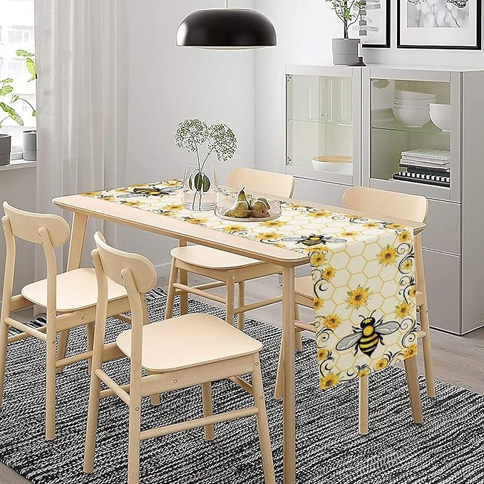 Bee Sunflower Table Runner, Farmhouse Orange Honeycomb Vintage Spring Summer Flowers Print Table Cover for Party Wedding Home Kitchen Dining Table Decor, 13x60inch