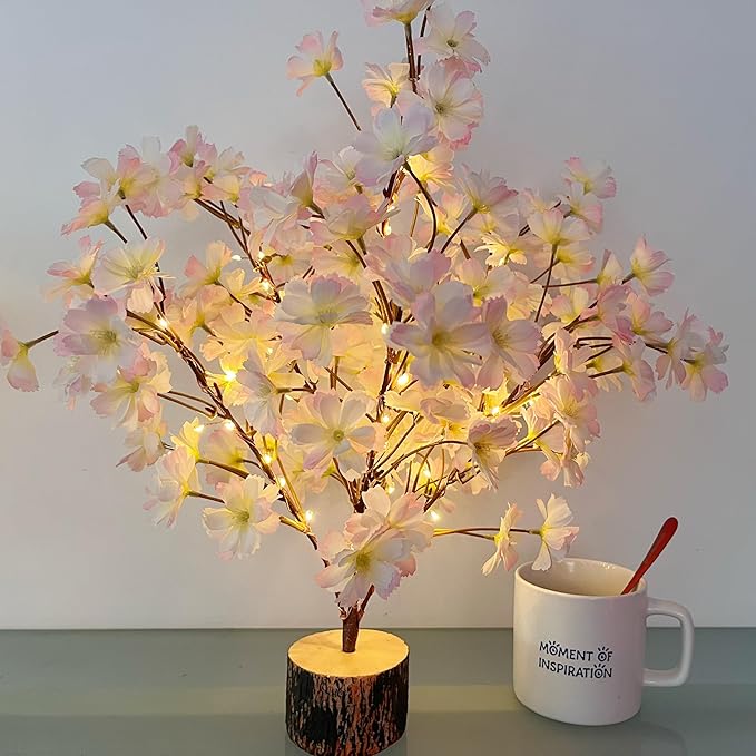 19Inch Cherry Blossom Tree Light, Lighted Artificial Tree with Pink Silk Flowers, 49 Fairy LEDs, Battery Operated Lamp with Timer for Summer Wedding Decorations
