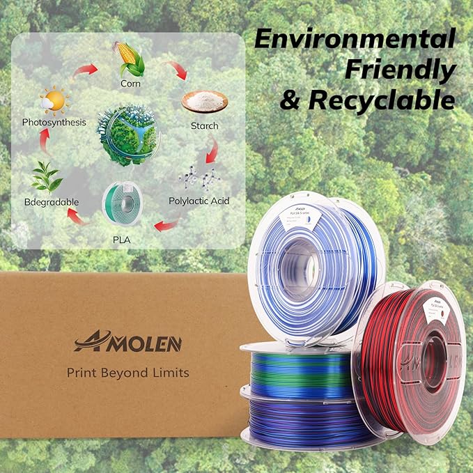 AMOLEN Silk PLA 3D Printer Filament Bundle, Shiny PLA Filament 1.75mm Multicolor Rainbow Pack, Fast Color Change PLA 3D Printing Filament for Most FDM 3D Printer, 1KG X 4 Spools