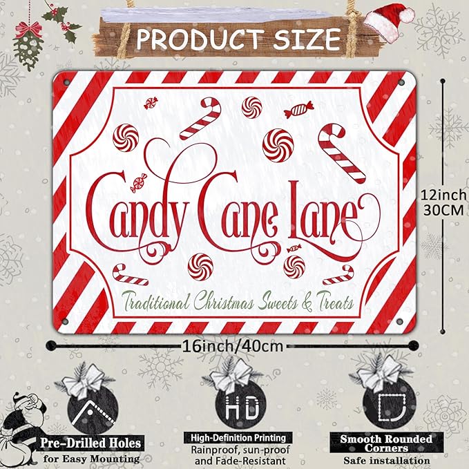 Christmas Candy Cane Lane Metal Tin Sign Traditional Christmas Sweets and Treats Winter Sign for Home Living Room Outdoor or Indoor Wall Decor Gift Christmas Candy Cane Lollipop 12x16Inch