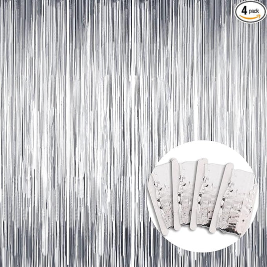 BEISHIDA 4 Pcs Silver Door Streamers Tinsel Curtain Party Streamers Backdrop Fringe Foil Wall Background for Birthday Halloween Christmas Wedding Party Decoration(3.28 ft x 6.56 ft)