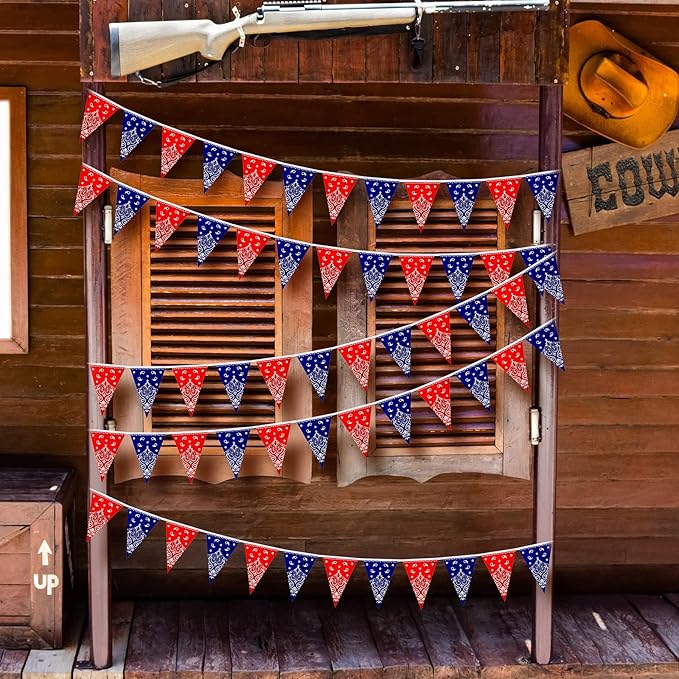 Frienda 6 Pack Western Cowboy Party Decorations Bandana Pennant Banner Christmas Wild West Rodeo Decor Red and Blue Country Decorations for Cowboy Themed Party Decoration, 9.8 Feet