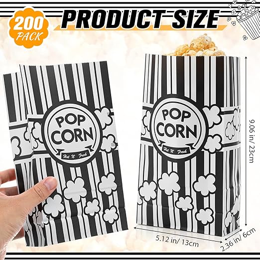 200 Pcs Paper Popcorn Bags Bulk 2 oz Large Flat Bottom Boxes Red and White Disposable Container Sleeve Movie Night Popcorn Bucket for Retro Movie Themed Party Carnival Supplies (Black and White)