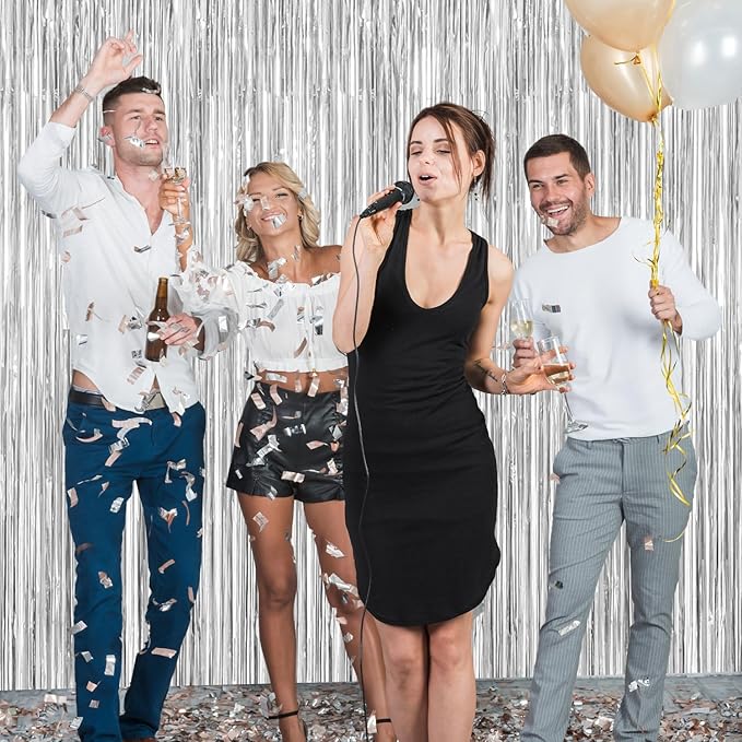 2 Pack Silver Christmas Streamers Party Decorations Silver Tinsel Backdrop Supplies Foil Curtain Backdrop for Baby Shower Birthday Bachelorette Wedding Engagement Holiday Halloween Party Decorations