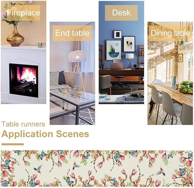 Floral Butterfly Table Runner Seasonal Spring Flower Bird Table Decoration Table Runner for Home Party Decoration 13x70 Inch