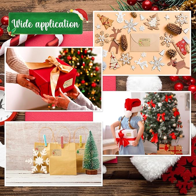 Zonon 720 Pieces Self Adhesive Christmas Gift Tag Xmas Kraft Name Tags Natural Kraft Xmas Stickers Paper Tags Labels for Christmas Decoration(Classic Style)