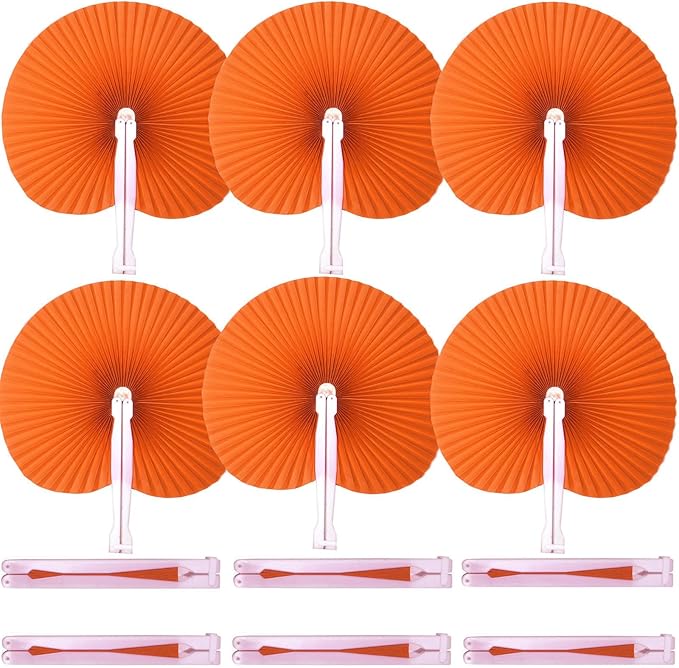 12 Packs Decorative Paper Folding Hand Fans Handheld,Orange Round Foldable Wedding Fans Chinese and Japanese Fans Bulk for Bridal Guest Church Party Favors Dancing Birthday DIY