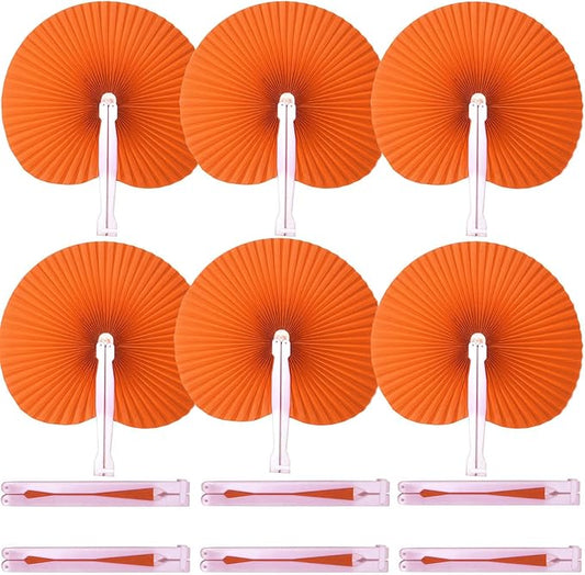 12 Packs Decorative Paper Folding Hand Fans Handheld,Orange Round Foldable Wedding Fans Chinese and Japanese Fans Bulk for Bridal Guest Church Party Favors Dancing Birthday DIY